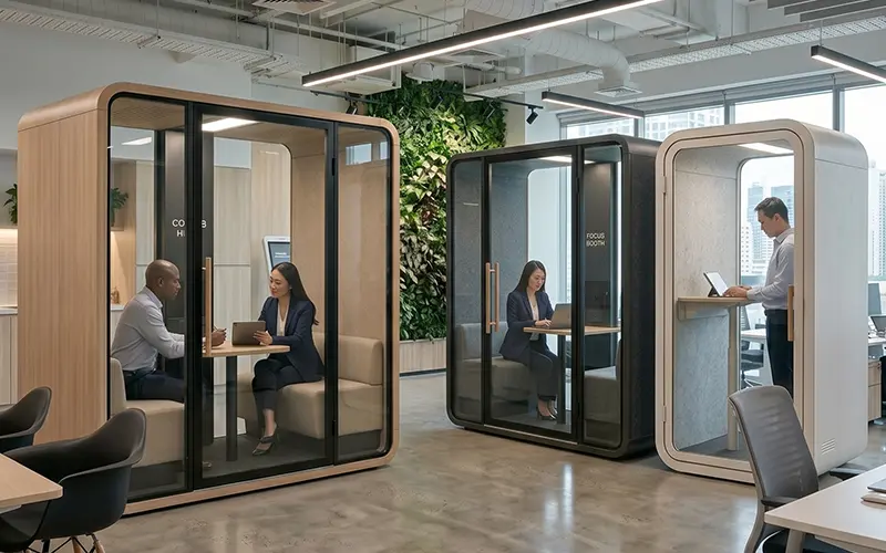 Acoustic office pod in a corporate open-plan office, Auckland