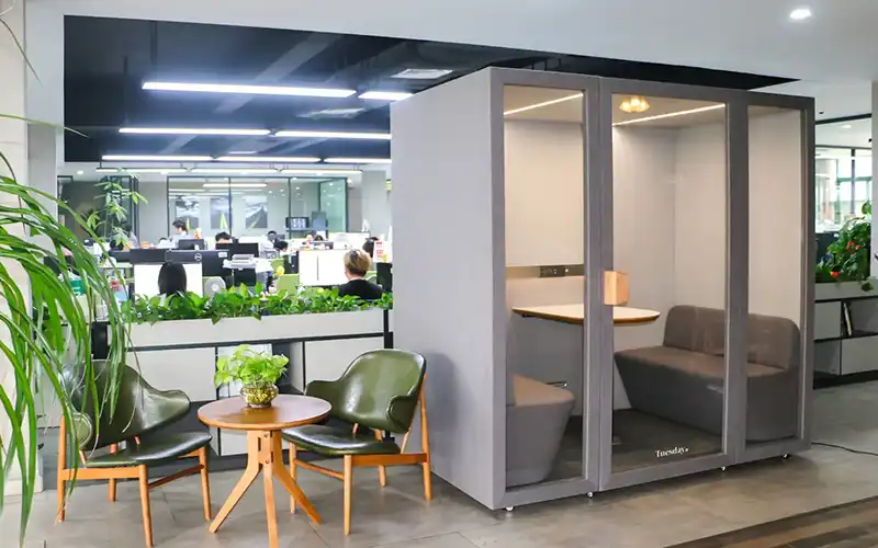 Acoustic office pod installed in a commercial building, Auckland