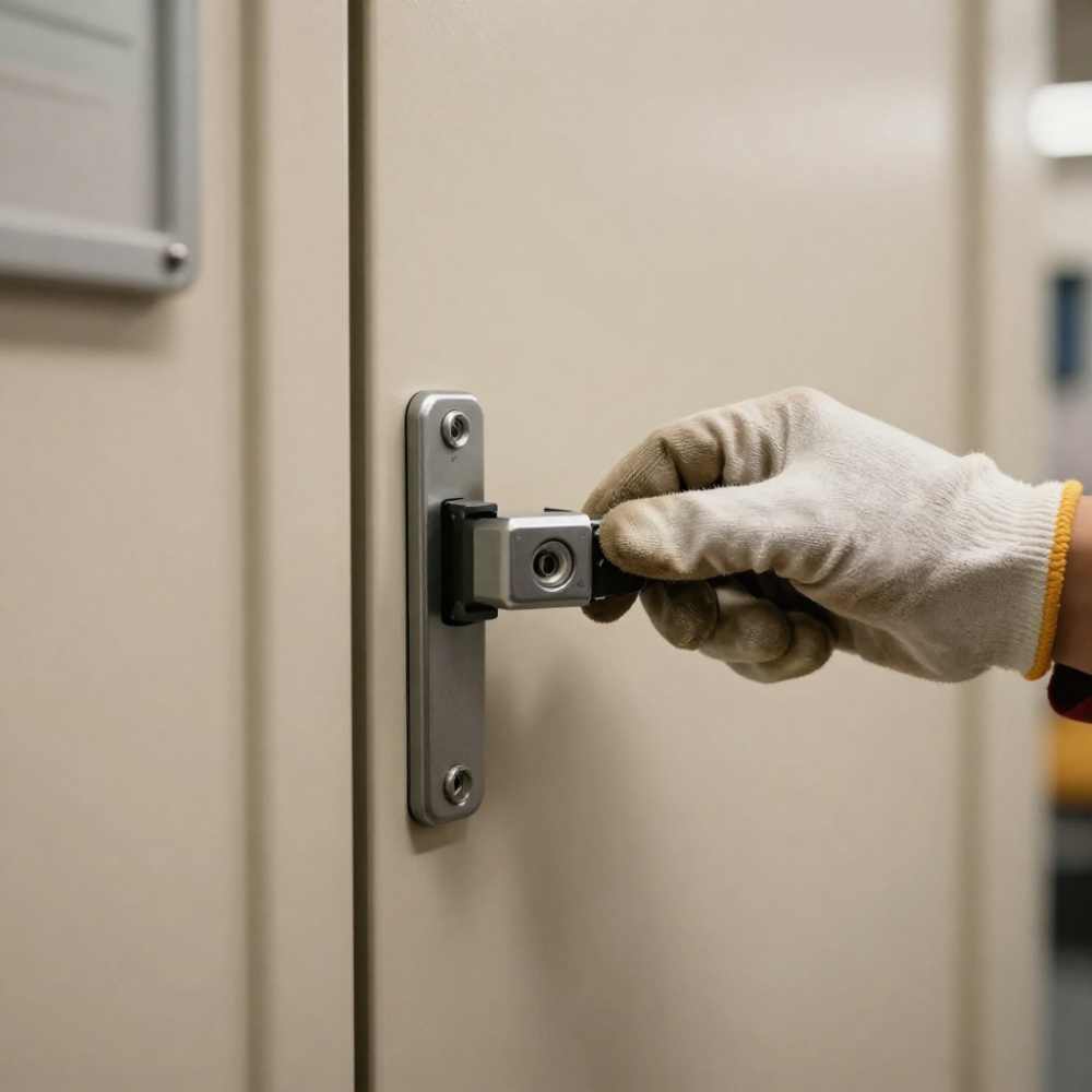 A close-up of a damaged commercial door closer being replaced with a new heavy-duty unit